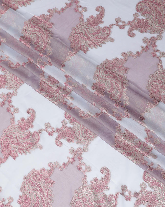 Baby blue Premium pure silk (Dirac) chiffon fabric with brick pink and gold metallic lurex in paisley design-D13409