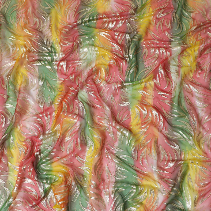 قماش شيفون من الحرير الخالص متعدد الألوان مع لوريكس معدني ذهبي بتصميم تجريدي-D14073