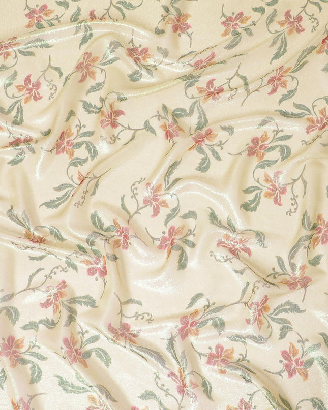 قماش شيفون من الحرير الخالص باللون البيج مع طباعة متعددة الألوان مع لوريكس معدني أخضر فاتح بتصميم الأزهار-D8881