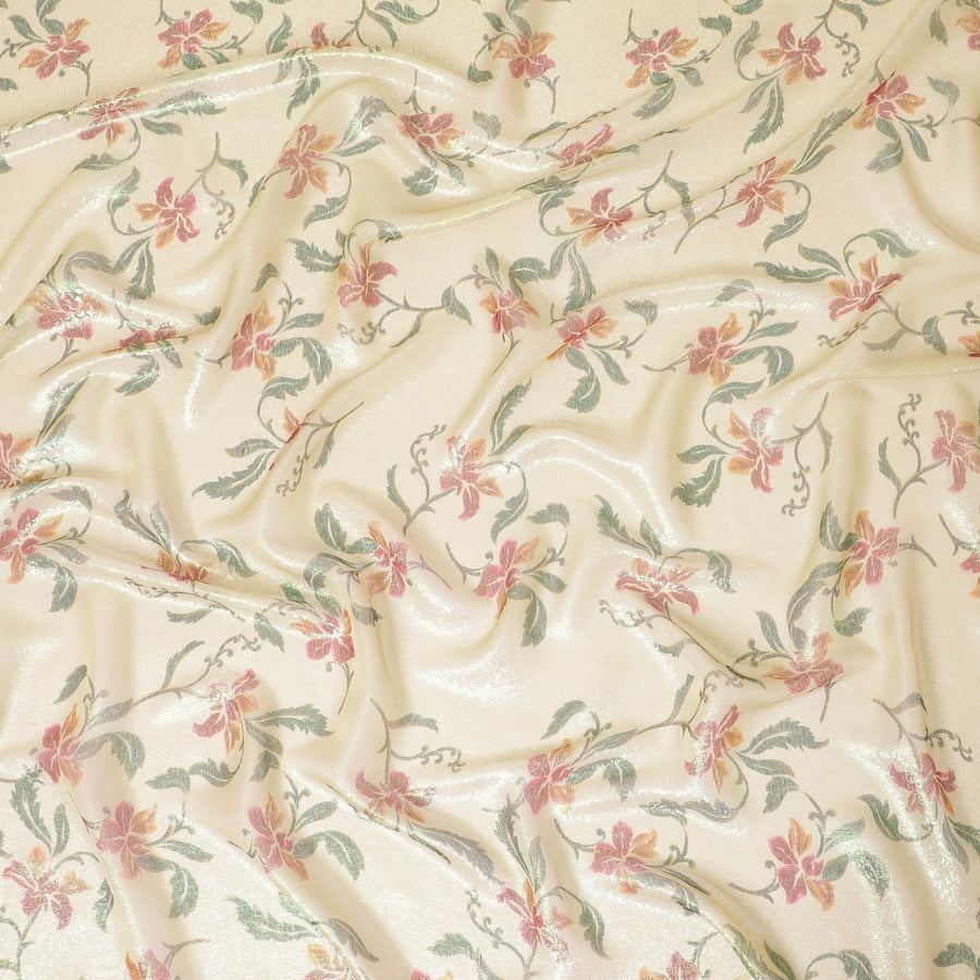 قماش شيفون من الحرير الخالص باللون البيج مع طباعة متعددة الألوان مع لوريكس معدني أخضر فاتح بتصميم الأزهار-D8881