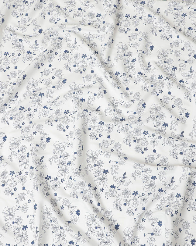 White premium cotton fabric with blue print in floral design-D13994