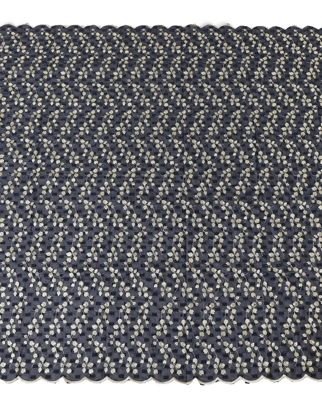 قماش الفوال القطني الخالص (الثوب السوداني) باللون الأزرق الداكن مع نفس مشبك الحبل مع تطريز أصفر وذهبي أشقر بتصميم الأزهار-D13824