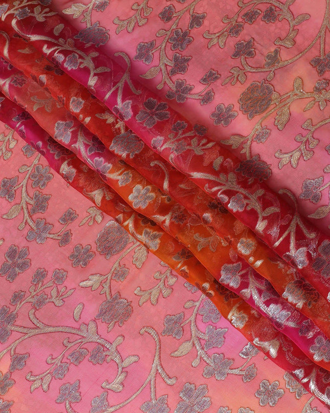 قماش الشيفون الحريري الخالص الفاخر باللون الأحمر القرمزي مع اللوريكس المعدني الذهبي بتصميم الأزهار -D12539