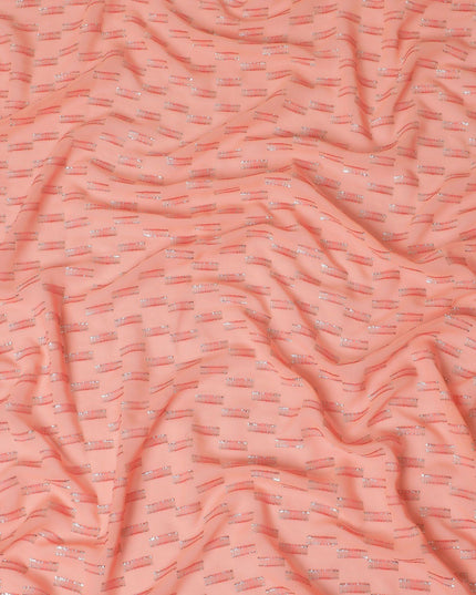 قماش شيفون حريري فرنسي (فرنساوي) فاخر من سمك السلمون والخوخ مع نفس اللون من الفسكوز والوركس المعدني الذهبي والفضي بتصميم فاخر - D14220