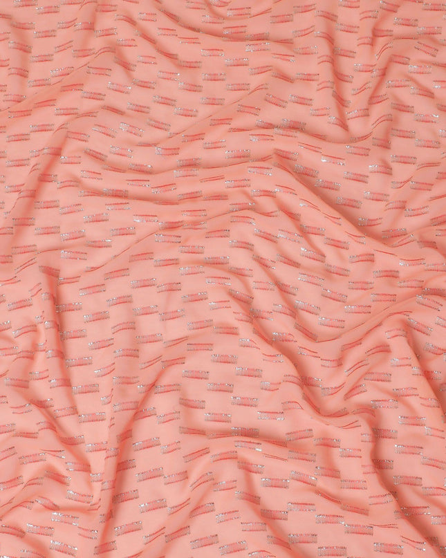 قماش شيفون حريري فرنسي (فرنساوي) فاخر من سمك السلمون والخوخ مع نفس اللون من الفسكوز والوركس المعدني الذهبي والفضي بتصميم فاخر - D14220