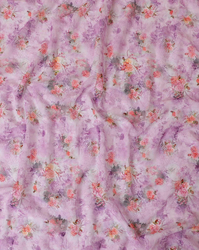 قماش الفوال القطني باللون الوردي الخزامي مع مشبك ذو طباعة متعددة الألوان بتصميم الأزهار-D9068