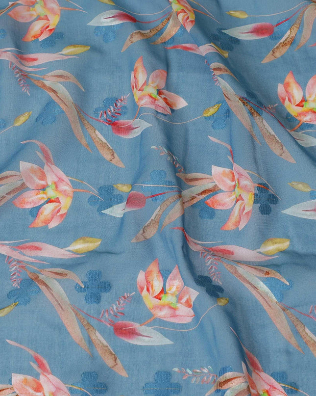 Turkish blue cotton voile fabric with same tone clipcord having multicolor print in floral design-D9061 Regal Fabrics