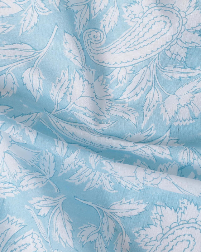 Baby blue cotton voile fabric with white print in floral design-D14831