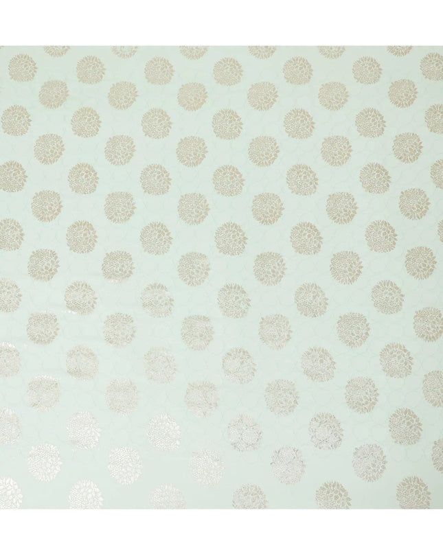 Mint green synthetic georgette fabric with same tone embroidery having gold foil printed in floral design-D12228 Regal Fabrics