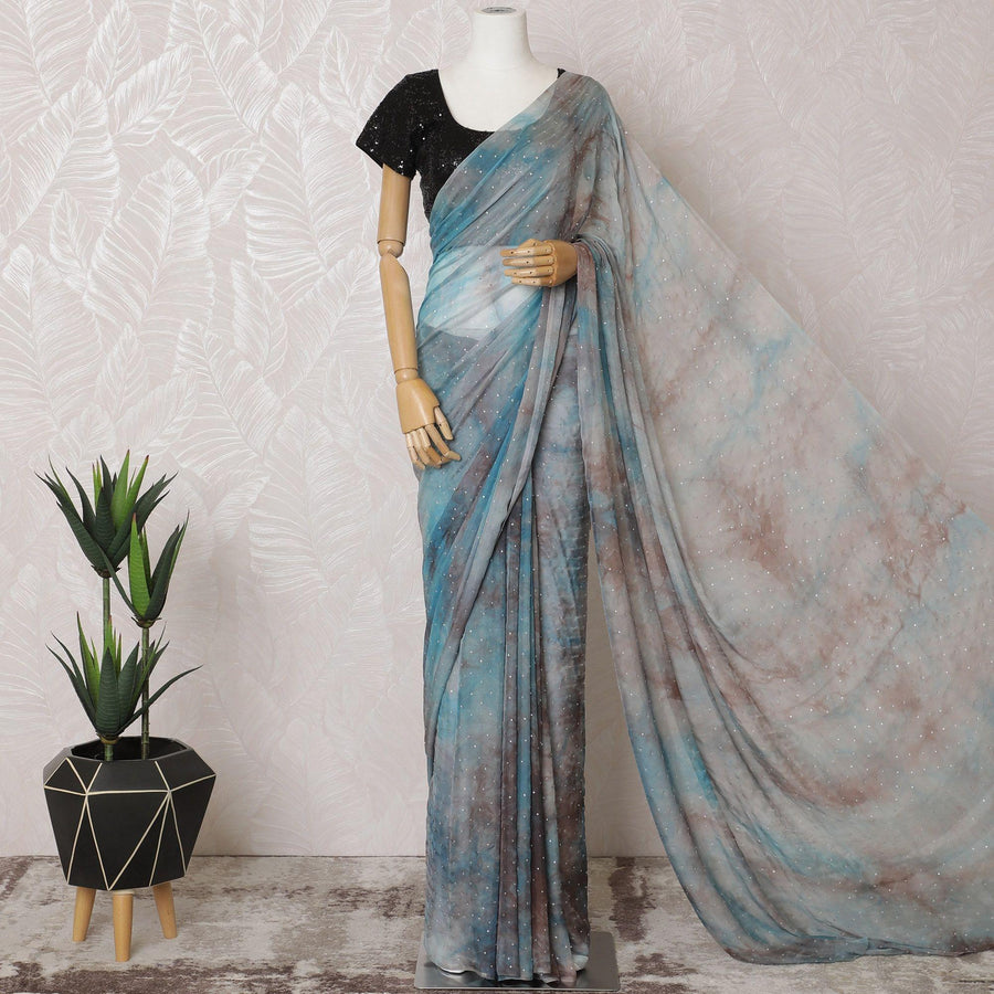 رمادي سحابي، أزرق سماوي، بني، ربطة عنق وطباعة قالب ساري شيفون من الحرير الفرنسي الخالص مع عمل حجري بتصميم فاخر-D15507