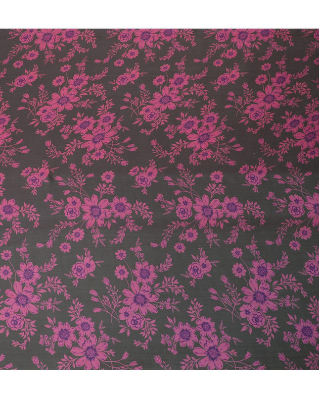 Black Premium pure silk chiffon fabric with hot pink and purple print in floral design-D14659