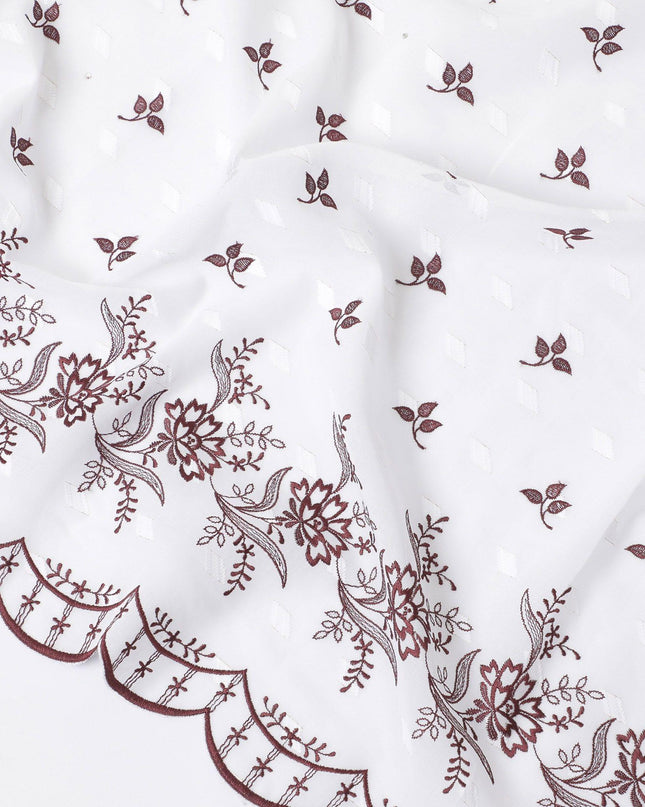 White Premium Swiss cotton voile thobe with same tone, maroon and black embroidery in floral design having stone work-D11629