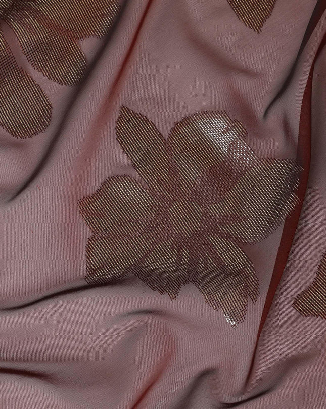 Maroon Premium pure Italian silk chiffon fabric with gold metallic lurex in floral design-D10795