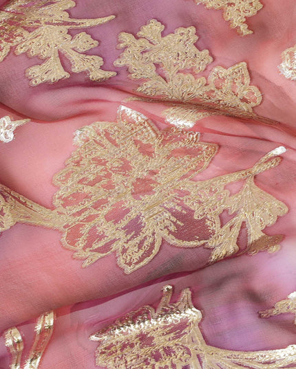Brick red, magenta pink Premium Pure silk chiffon dirac with gold metallic lurex in floral design-D8866