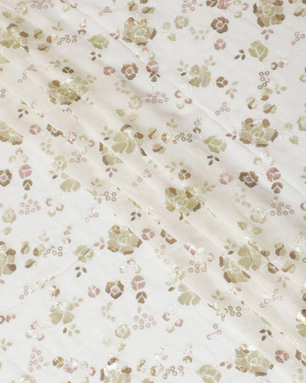 قماش شيفون من الحرير الخالص باللون الأبيض الفاتح بنفس اللون، وتطريز بالترتر بتصميم الأزهار-D13677