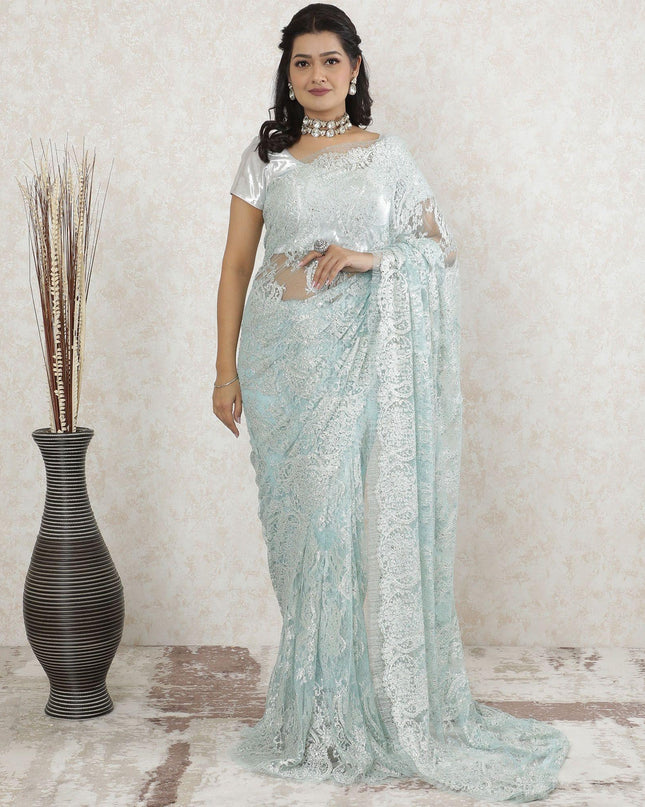 Light blue Premium Pure metallic French chantilly saree lace having stone work in floral design-D13465