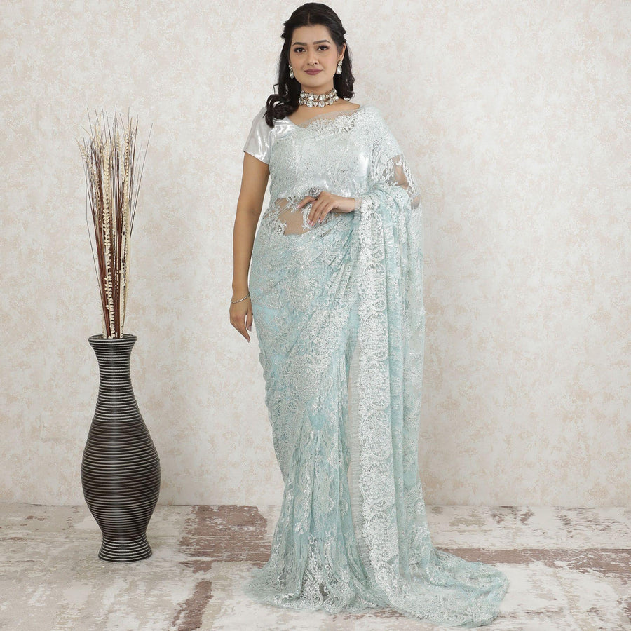 Light blue Premium Pure metallic French chantilly saree lace having stone work in floral design-D13465