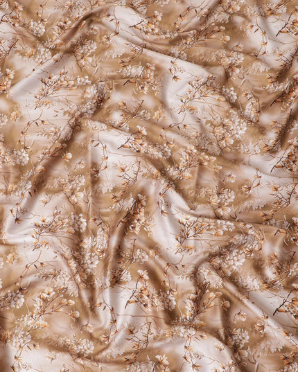 Brown cotton satin fabric with multicolor print in floral design-D15259 - Regal Fabrics