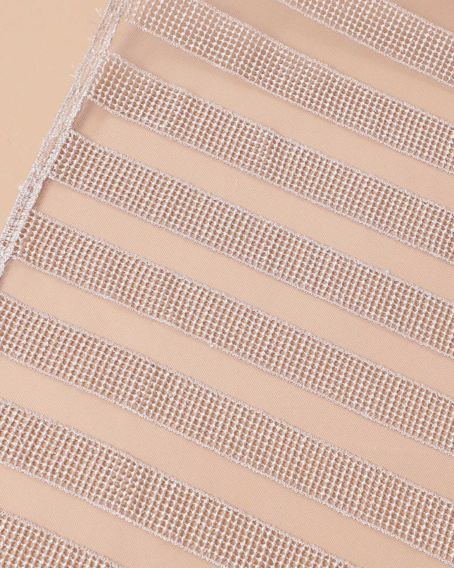 Beige nylon tulle fabric with same tone embroidery in stripe design-D9190