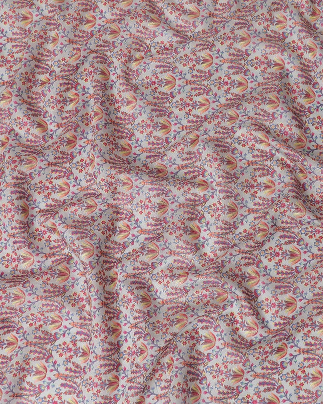 نسيج من الحرير القطني الممزوج باللون الرمادي السحابي مع تطريز متعدد الألوان بتصميم الأزهار-D15468