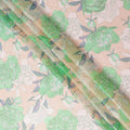 Peach Premium pure silk chiffon fabric with multicolor print having neon green metallic lurex in floral design-D14651