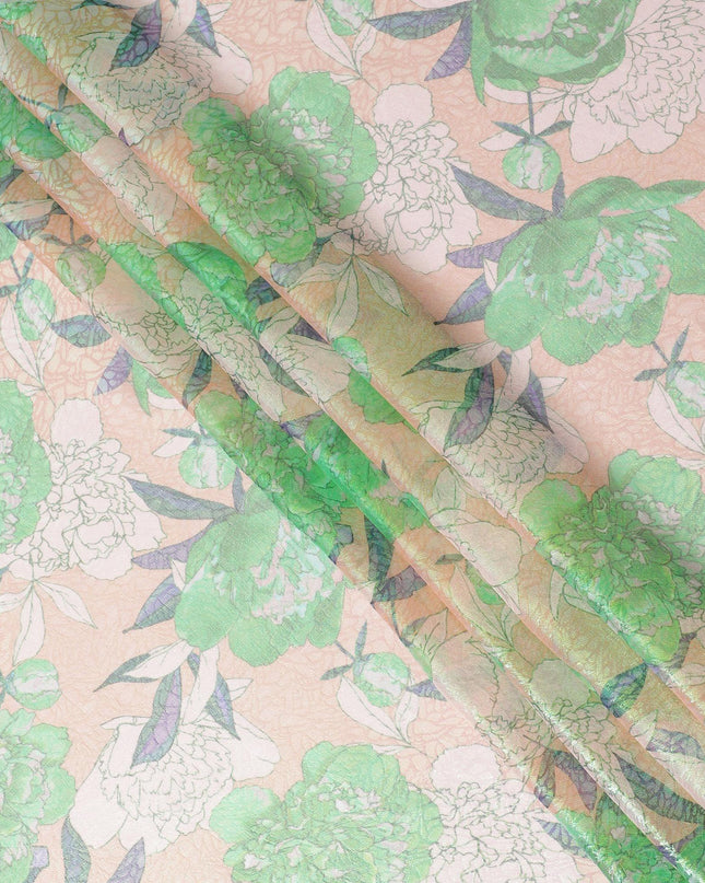 قماش من الشيفون الحريري الخالص الخوخي مع طباعة متعددة الألوان مع لوريكس معدني أخضر نيون بتصميم الأزهار-D14651