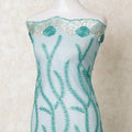 Turquoise green nylon tulle fabric with same tone, beige embroidery having stone work in floral design-D12208 Regal Fabrics