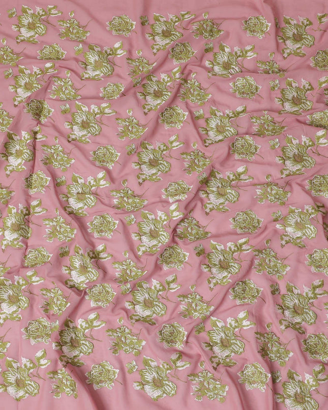 Fandango pink cotton voile fabric with beige and sage green embroidery in floral design-D14473