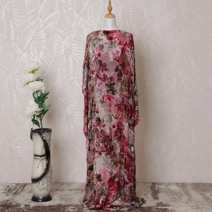 Pale brown, multicolor Premium pure silk blended velvet makmal dirac fabric with same tone metallic lurex in floral design-D14886