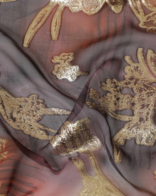 قماش شيفون مطبوع يدويًا من الحرير الخالص الفاخر باللون الرمادي مع لوركس معدني ذهبي بتصميم زهور-D9075