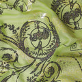 Lime green premium pure silk chiffon fabric with black flock having glitter and gold metallic lurex in floral design-D13721