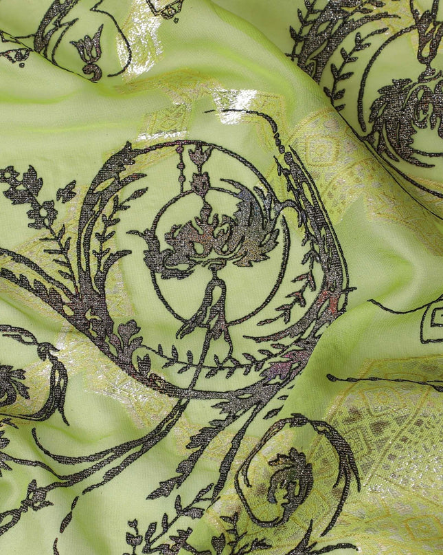 Lime green premium pure silk chiffon fabric with black flock having glitter and gold metallic lurex in floral design-D13721