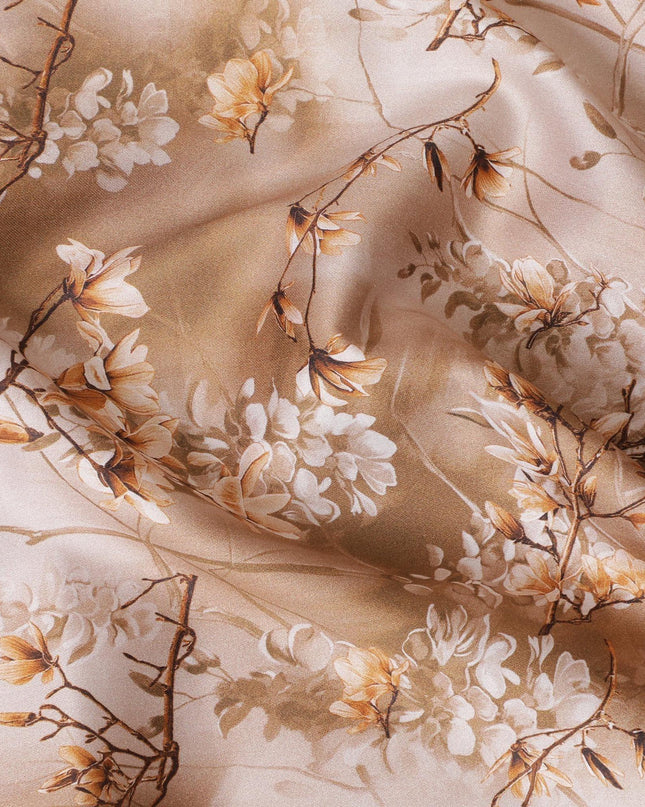 قماش ساتان قطني بني مع طباعة متعددة الألوان بتصميم زهور-D15259