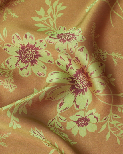 قماش شيفون من الحرير الخالص باللون البني الزيتوني مع طباعة مهندي باللونين الأخضر والبورجوندي بتصميم الأزهار-D14666