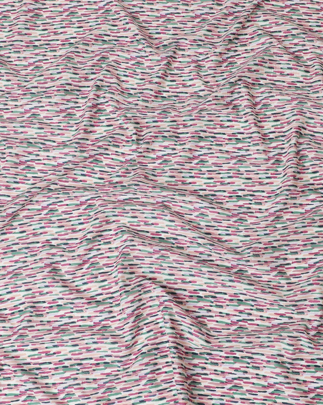 Off white cotton lawn fabric with pink, peach and green print in fancy design-D15229