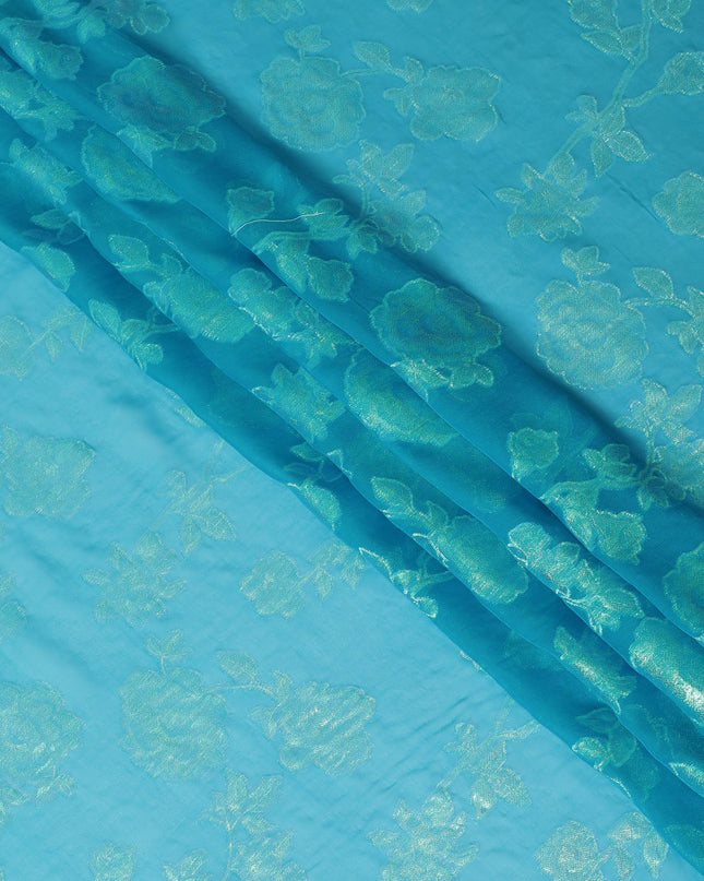 قماش شيفون من الحرير الخالص باللون الأزرق الفيروزي مع لوركس معدني أخضر نيون بتصميم زهور-D12419