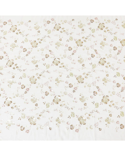 Off white premium pure silk chiffon fabric with same tone, sequins embroidery in floral design-D13677