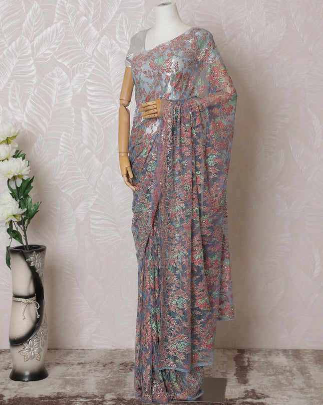 Sky blue, salmon, sage green premium pure French chantilly lace saree having stone work in floral design-D14894