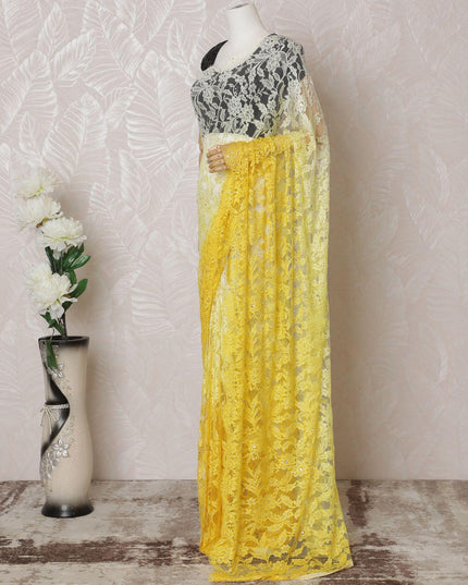 أصفر ليموني إلى أصفر سايبر دانتيل الساري الفرنسي الخالص شانتيلي ذو عمل حجري بتصميم أومبري-D14603