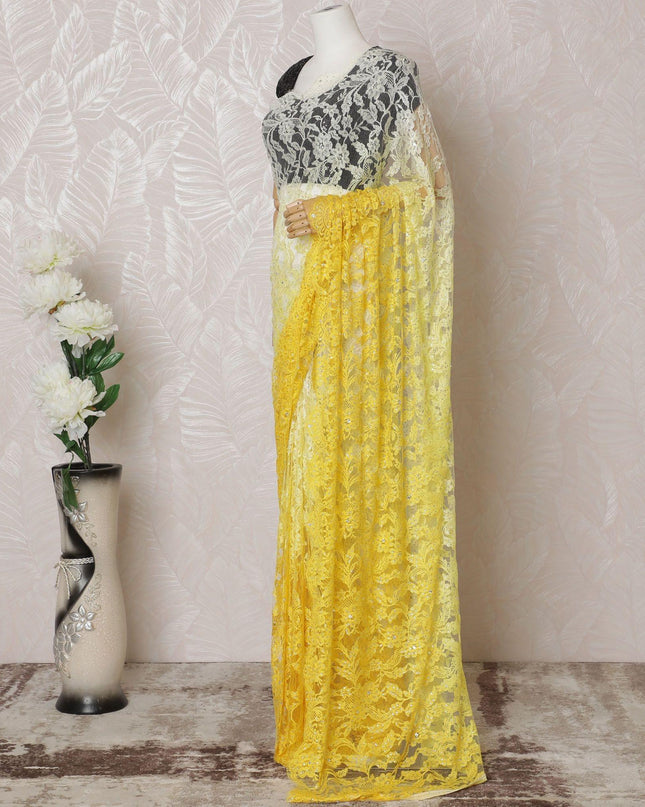 أصفر ليموني إلى أصفر سايبر دانتيل الساري الفرنسي الخالص شانتيلي ذو عمل حجري بتصميم أومبري-D14603