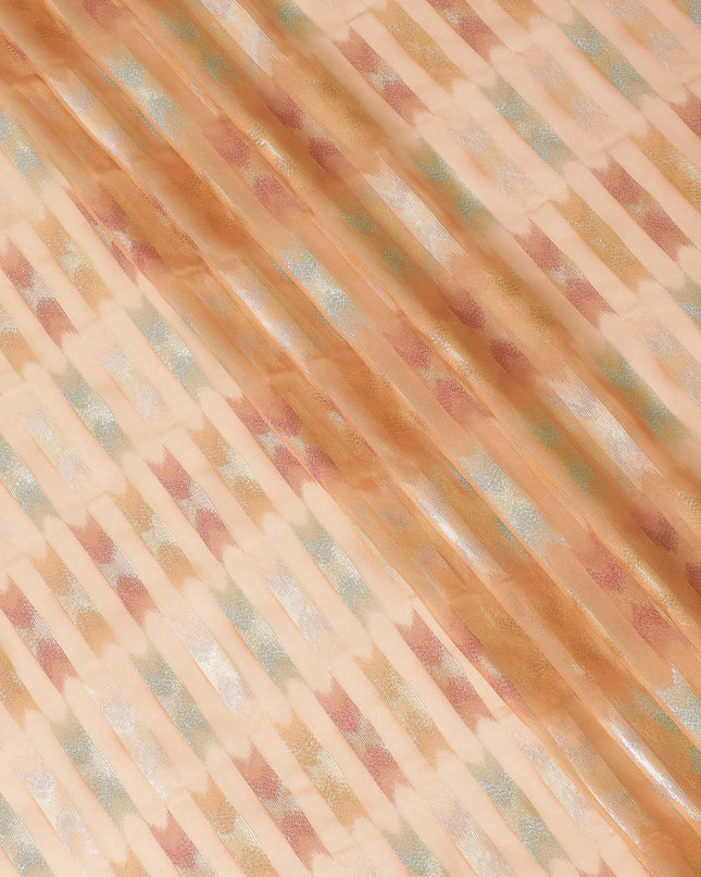 قماش شيفون حرير خالص فاخر من سمك السلمون الخوخي مع لوركس معدني متعدد الألوان بتصميم تجريدي-D10036