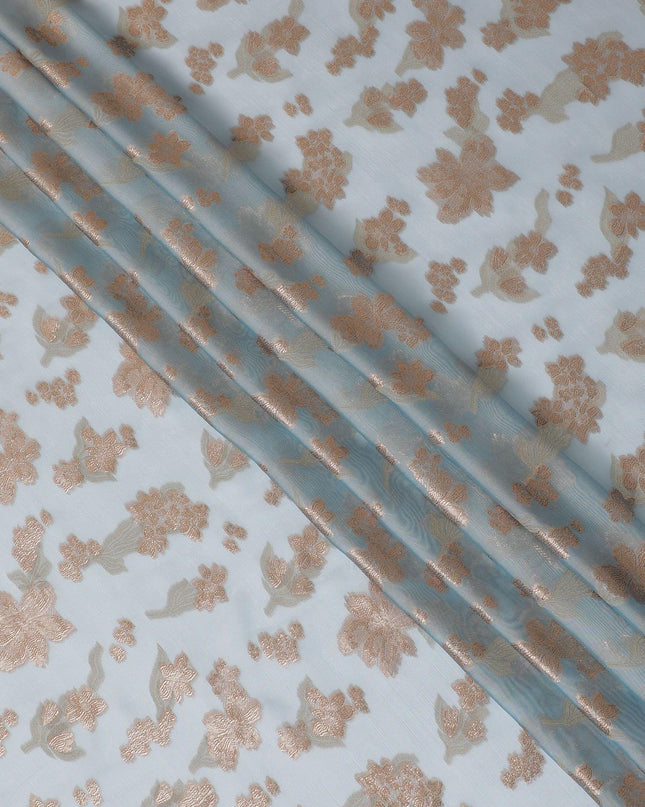 Baby blue Premium pure French (Fransawi) silk chiffon fabric with beige viscose and copper gold metallic lurex in floral design-D14280