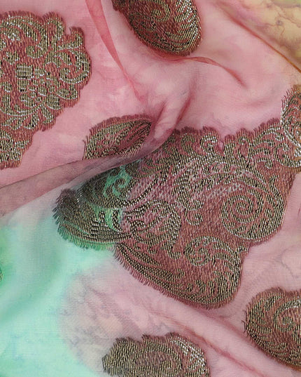 قماش شيفون حريري فرنسي (فرنساوي) فاخر متعدد الألوان مع لوركس معدني ذهبي بتصميم زهور-D14016