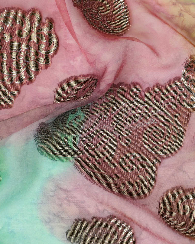 قماش شيفون حريري فرنسي (فرنساوي) فاخر متعدد الألوان مع لوركس معدني ذهبي بتصميم زهور-D14016