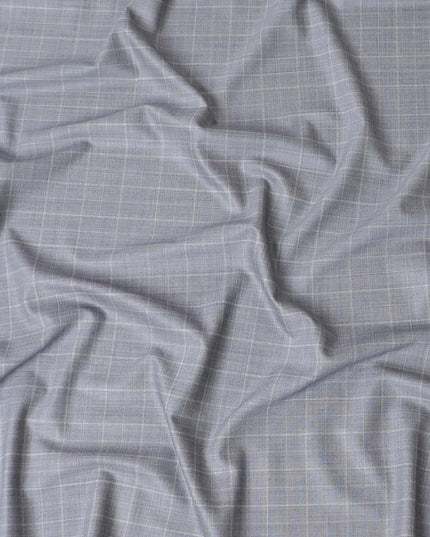 Powder blue Super 150's English all wool suiting fabric with beige checks design-D6842 Regal Fabrics