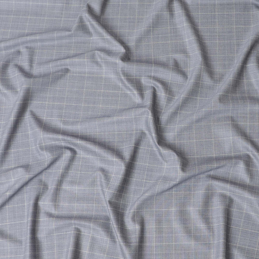 Powder blue Super 150's English all wool suiting fabric with beige checks design-D6842 Regal Fabrics
