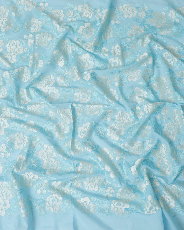 Baby blue premium pure cotton voile fabric with same tone and beige embroidery in floral design-D13638