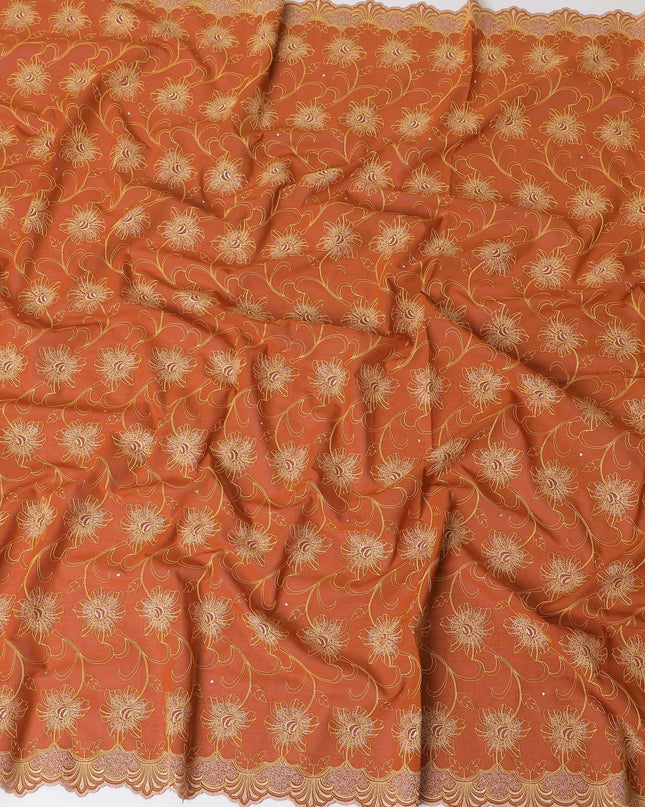 Rusty orange Premium pure 100% Swiss cotton voile (Sudanese Thobe) fabric with mustard yellow and gold embroidery having stone work in floral design-D13564 Regal Fabrics