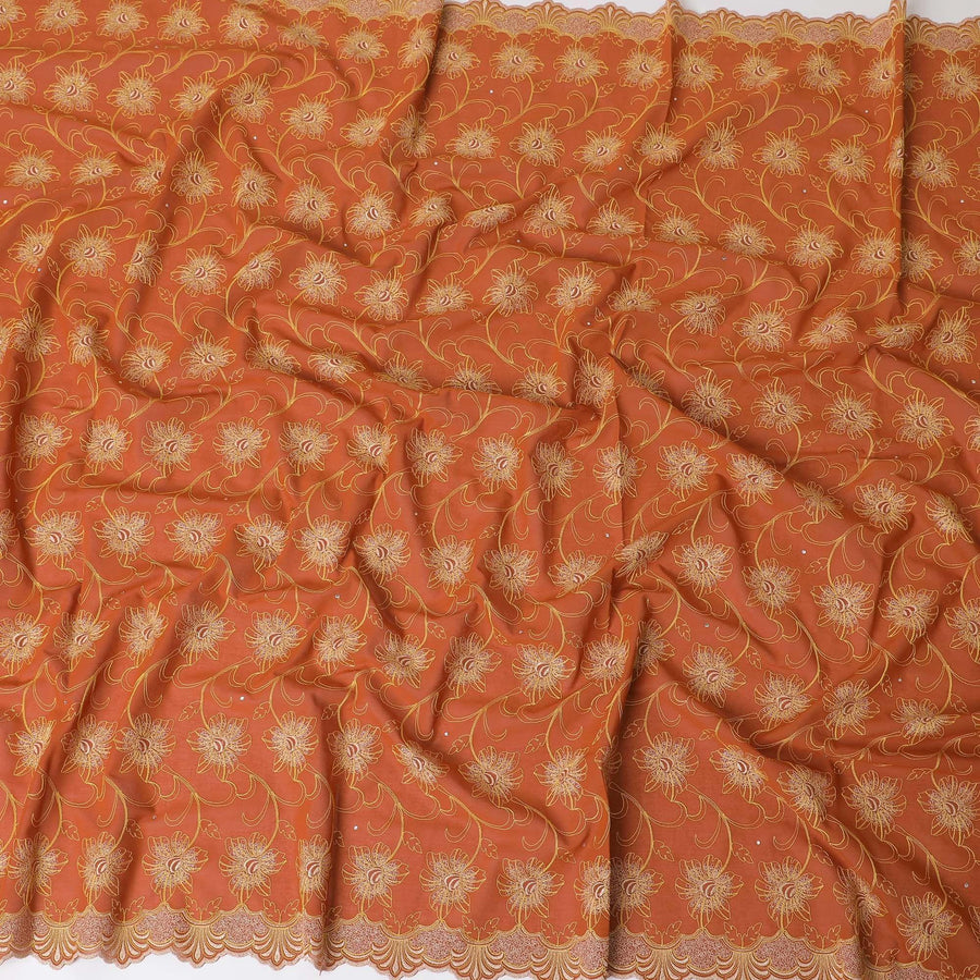 Rusty orange Premium pure 100% Swiss cotton voile (Sudanese Thobe) fabric with mustard yellow and gold embroidery having stone work in floral design-D13564