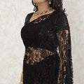 Black Premium pure French chantilly lace saree having crimson red stone work in floral design-D13479
